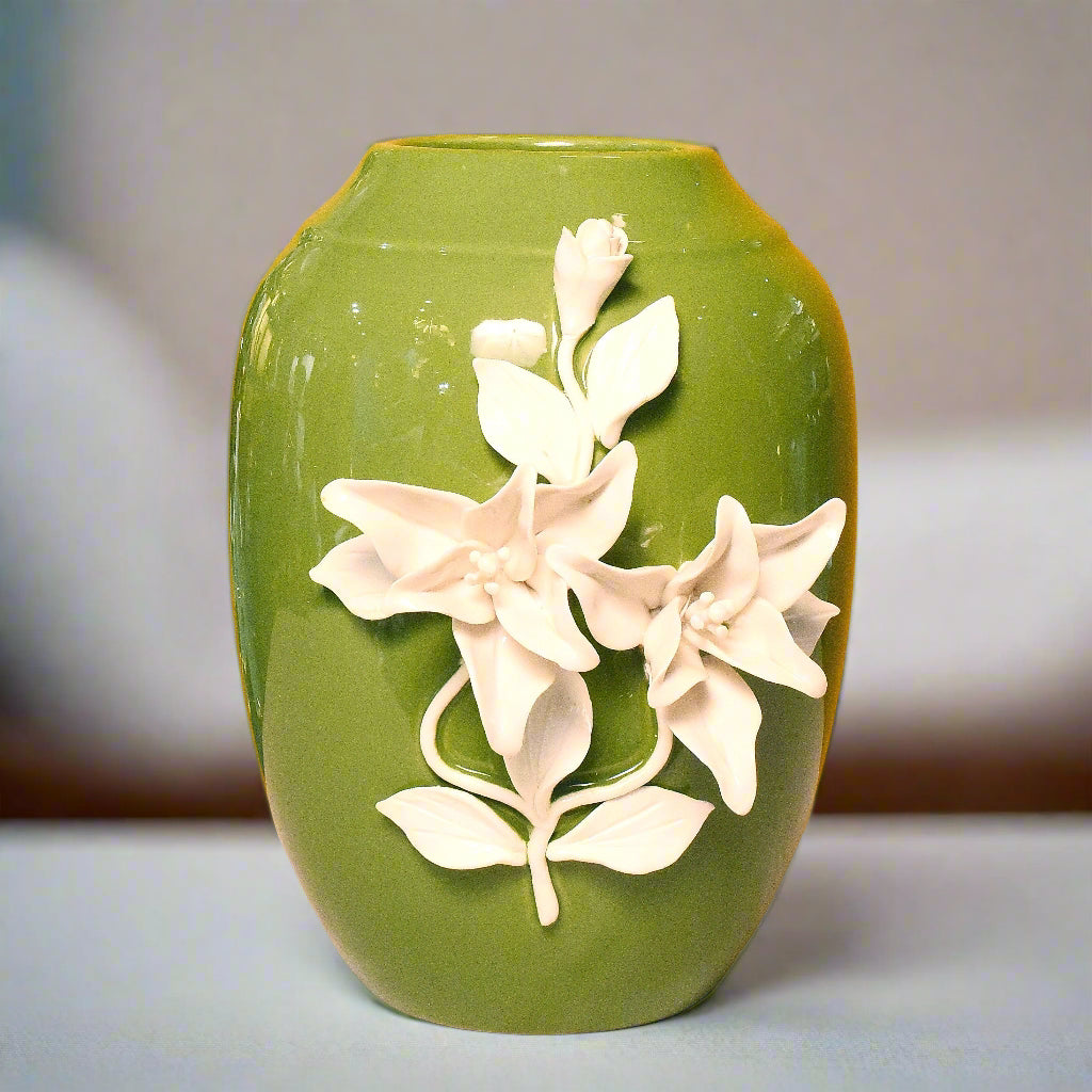 Verdant Elegance: Ceramic Vase with Sculpted White Blooms (Wide)
