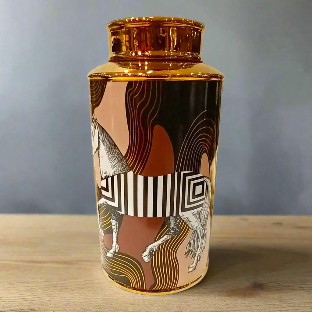 Equine Mirage: Artistic Decorative/Ginger Jar with Zebra Stripes and Gold Accents (Large)