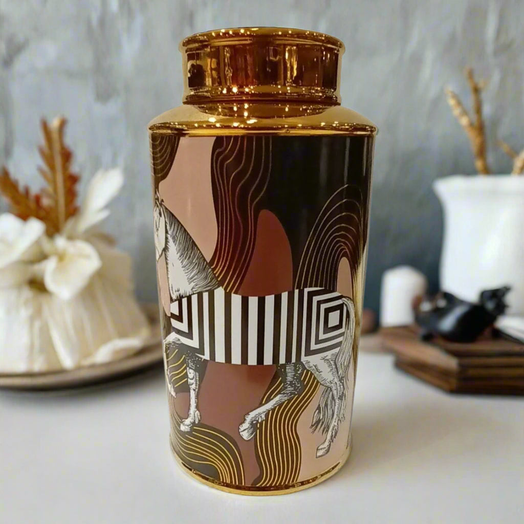Equine Mirage: Artistic Decorative/Ginger Jar with Zebra Stripes and Gold Accents (Large)