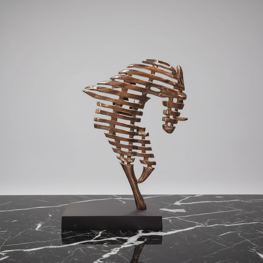 Bronze horse sculpture on a black marble base against a gray background