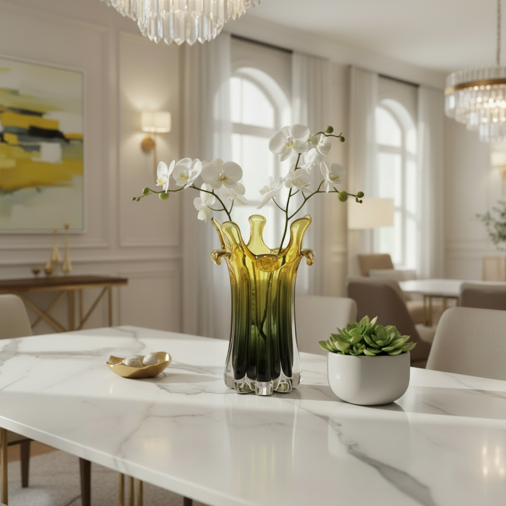 Decorative vase with white flowers on a table in a stylish room.