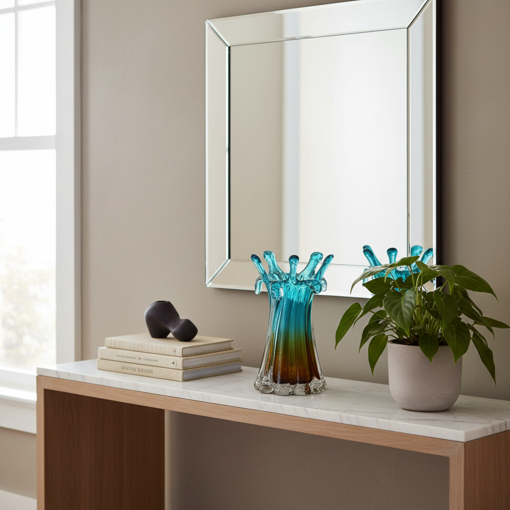 Modern interior with a table featuring a blue vase, books, and a plant, reflected in a mirror.