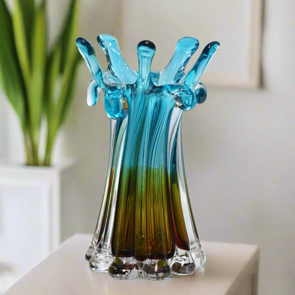 Coastal Depths: Sculptural Art Glass Vase with Earthy & Ocean Hues