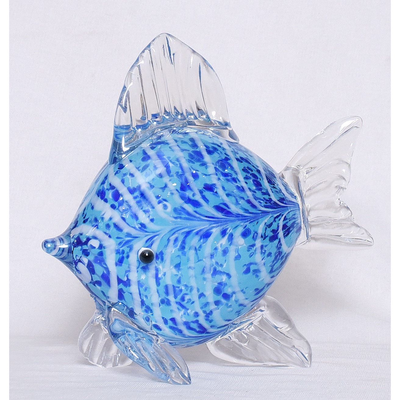Oceanic Ripple: Blue & White Swirl Glass Fish Sculpture
