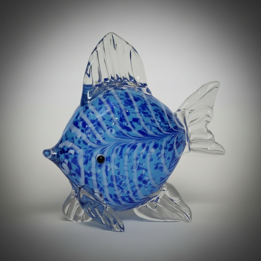 Glass fish sculpture with blue and white pattern on a light gray background