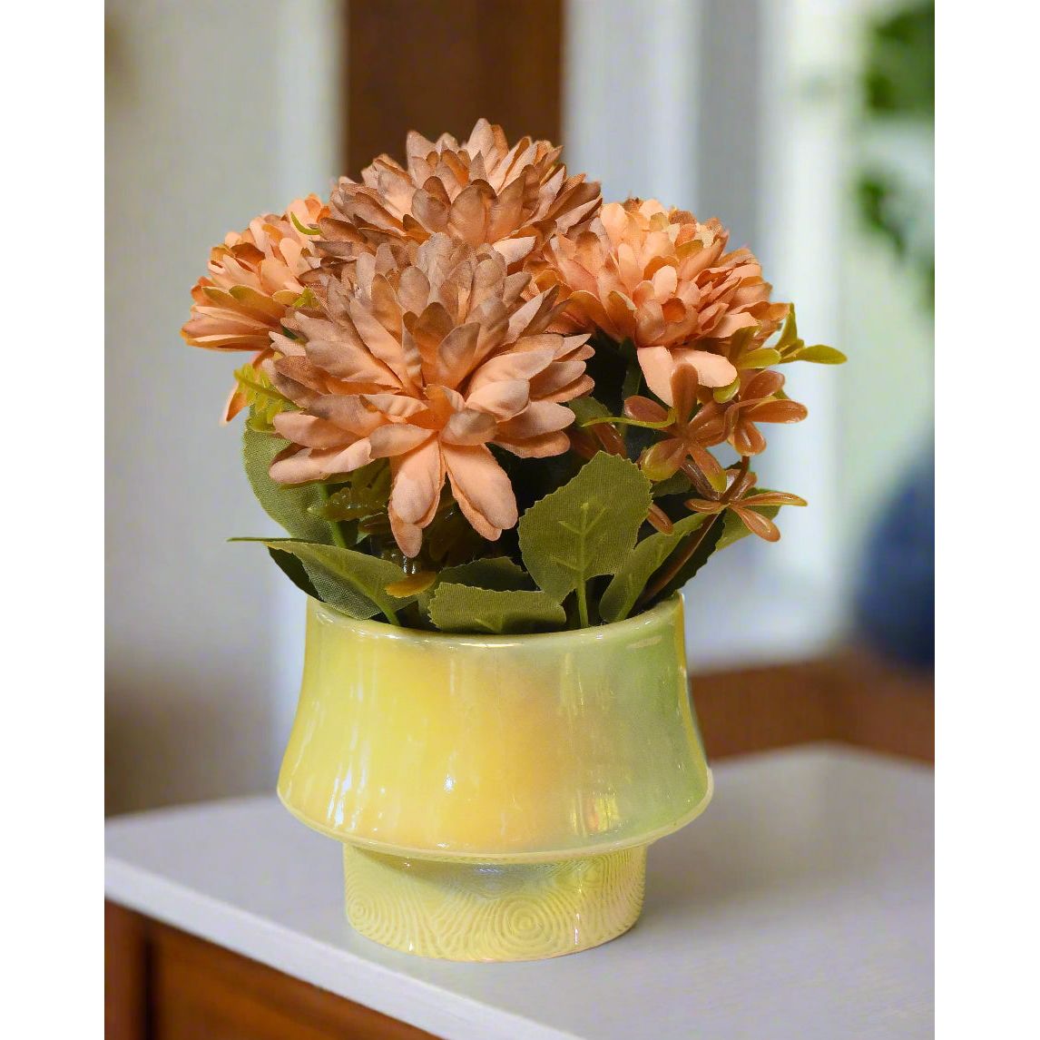 Autumn Glow: Peach Blooms in Iridescent (Ceramic) Tiered Vase