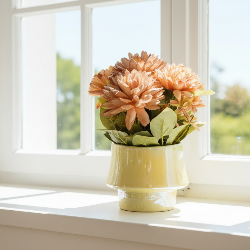 Floral arrangement in a yellow vase on a windowsill with a view of greenery outside.