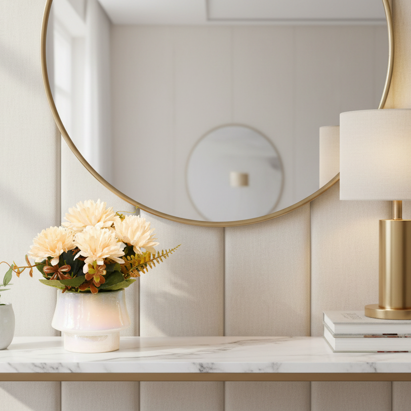 Decorative table with a lamp, flowers, and books against a wall with a large round mirror.