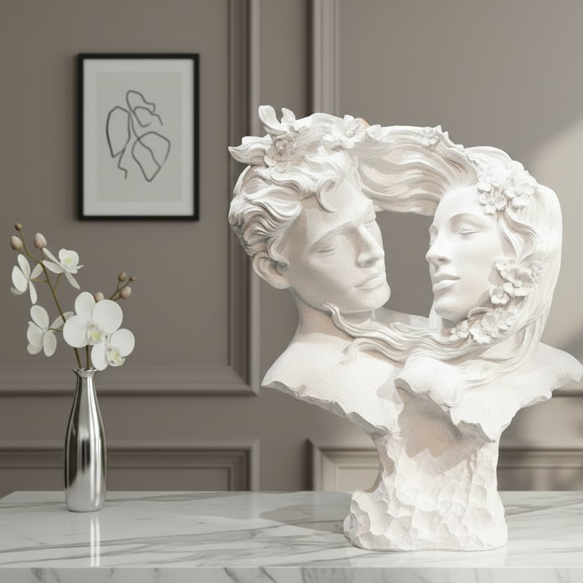 White marble bust of two figures on a table with a vase and books in a room.