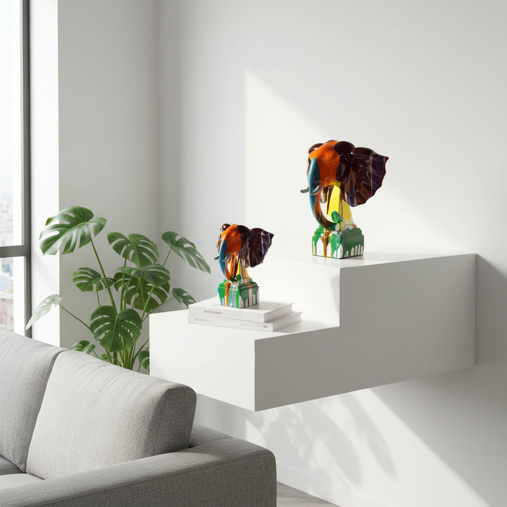 Decorative elephant sculptures on a white shelf in a modern living room.