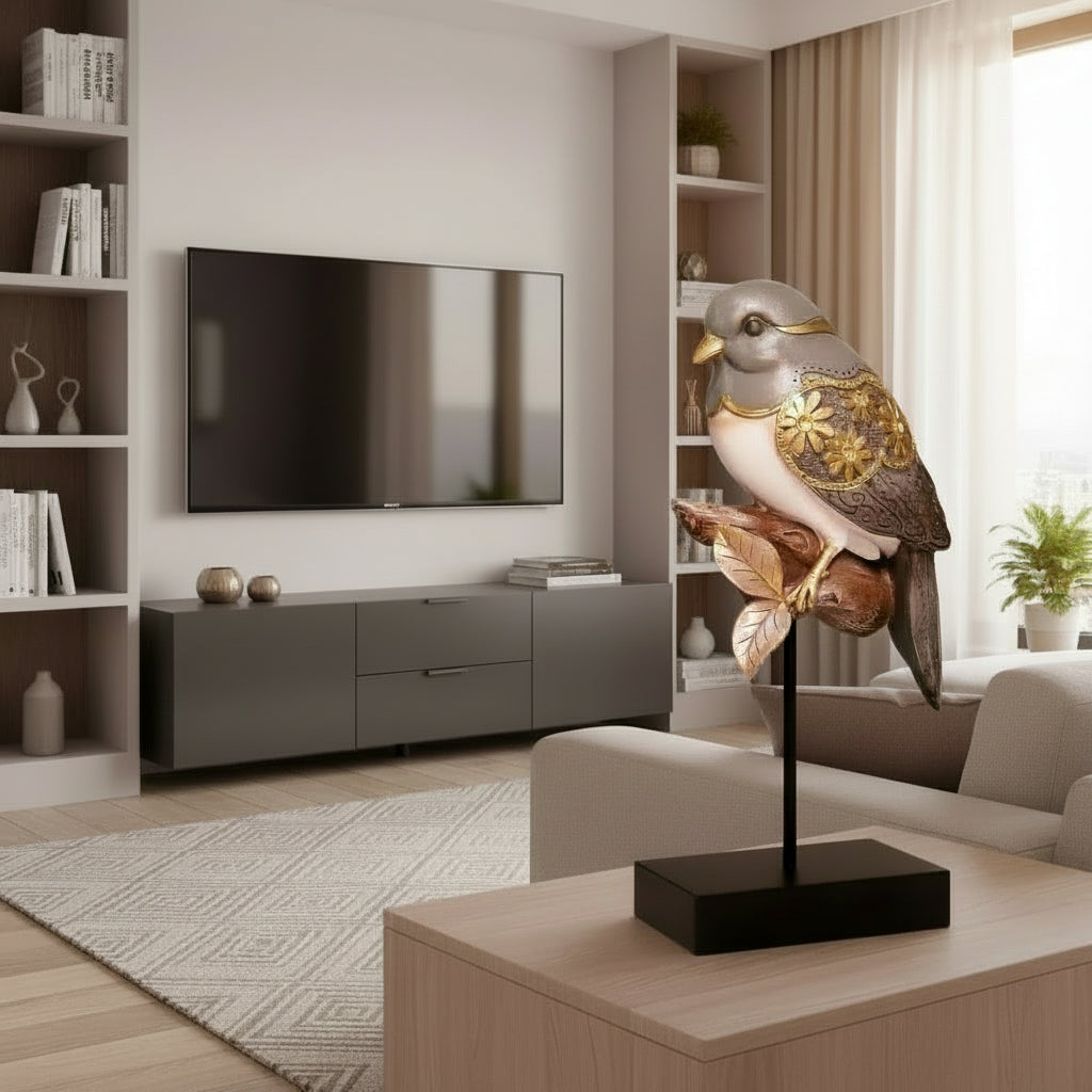 Decorative bird sculpture with gold accents on a stand against a beige background