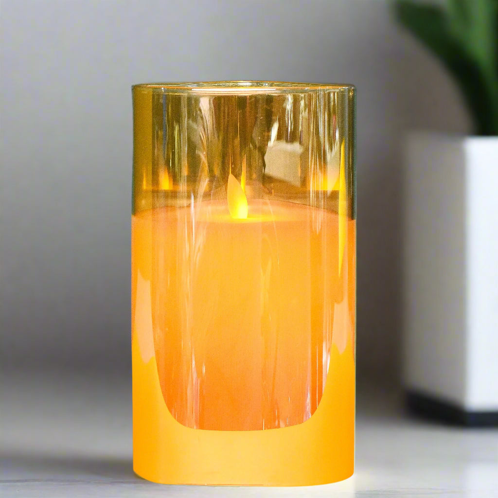 Amber Glow: Flameless LED Candle in Cylindrical Glass Holder