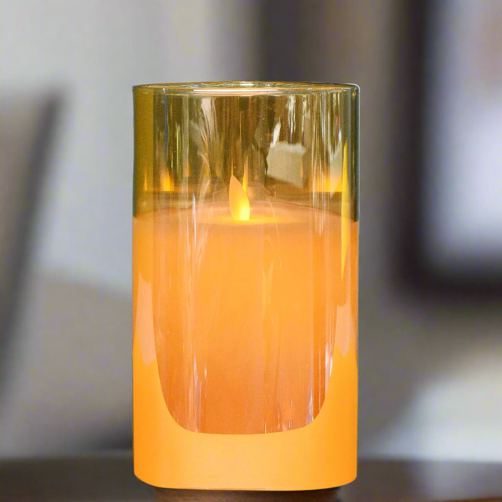 Amber Glow: Flameless LED Candle in Cylindrical Glass Holder