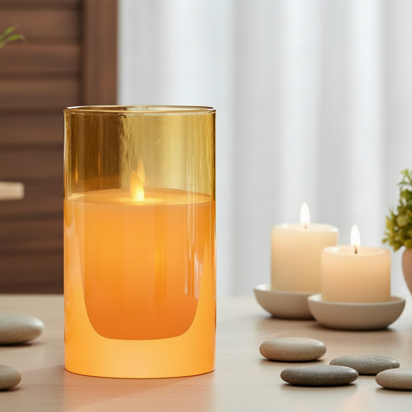 Candle in a glass holder with other candles and stones on a table