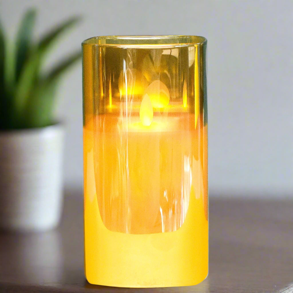 Amber Glow: Flameless LED Candle in Cylindrical Glass Holder (Medium)