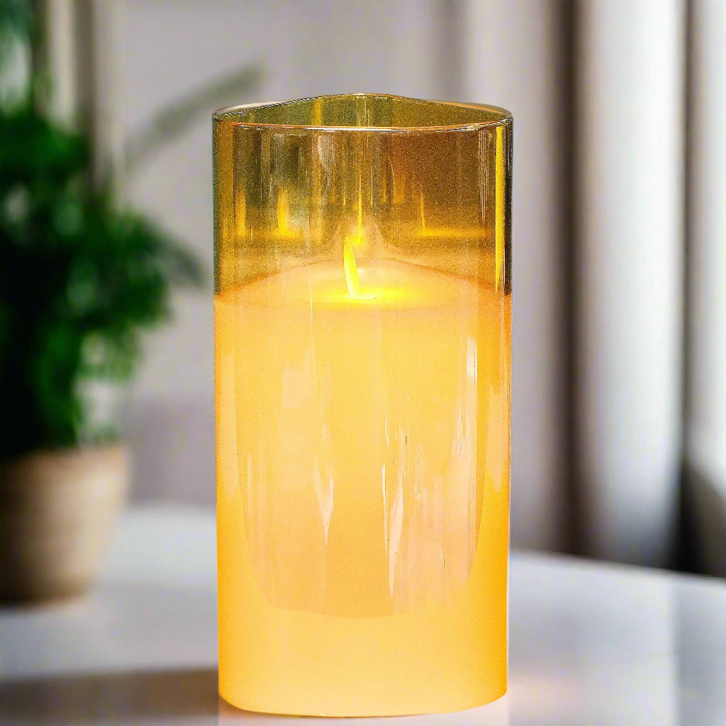 Amber Glow: Flameless LED Candle in Cylindrical Glass Holder (Large)