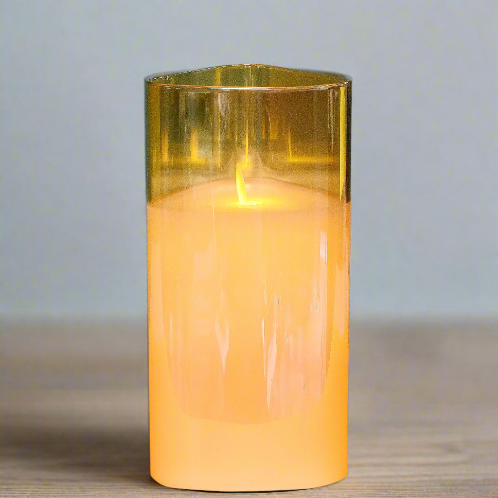Amber Glow: Flameless LED Candle in Cylindrical Glass Holder (Large)