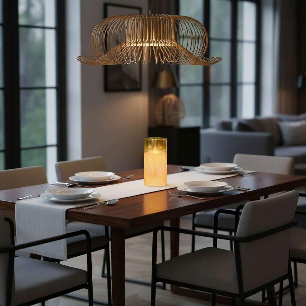 Dining room with a wooden table set for dinner, featuring a wicker pendant light and a candle.