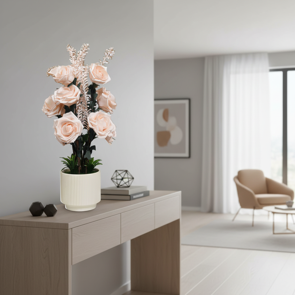 Soft Blush Serenity: Artificial Rose Arrangement in Ceramic Ribbed Pot