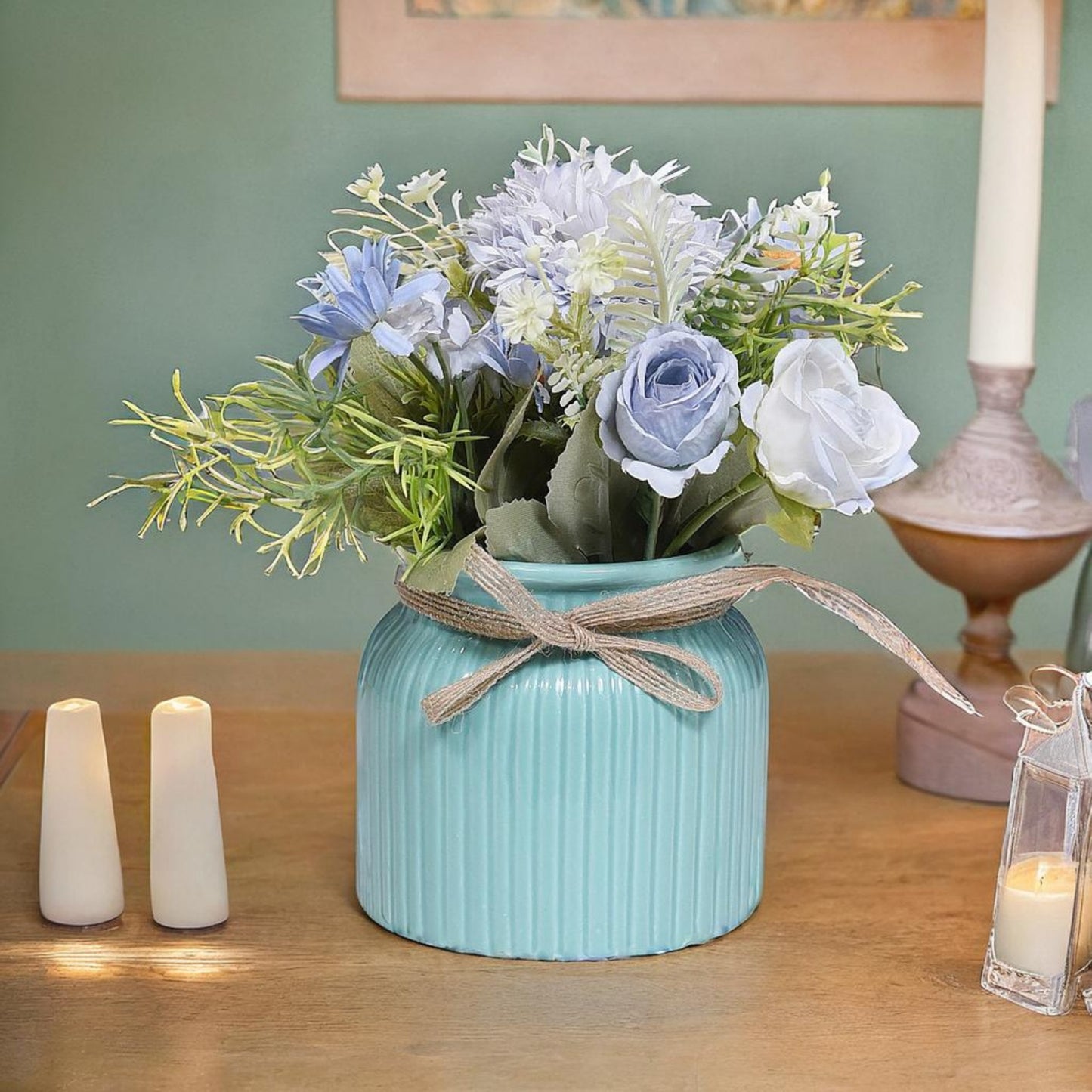 Serene Bloom: Artificial Blue & White Floral Arrangement in Ceramic Ribbed Aqua Vase