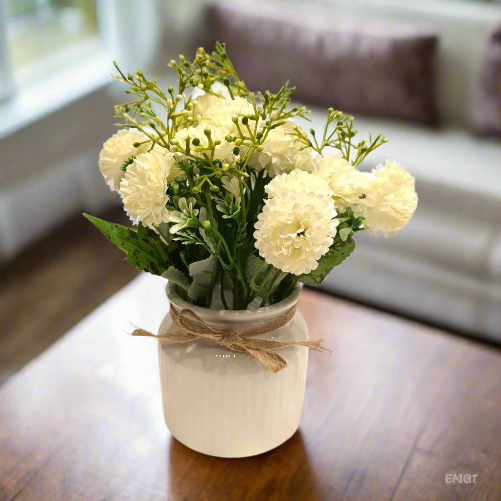 Pure Serenity: Artificial White Floral Arrangement in Ribbed Ceramic off-White Pot