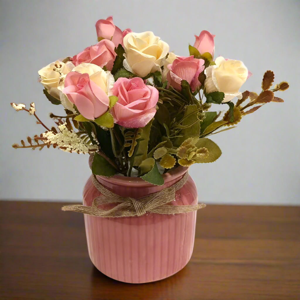 Sweet Duet: Artificial Pink & Cream Rose Arrangement in Ceramic Ribbed Pink Pot