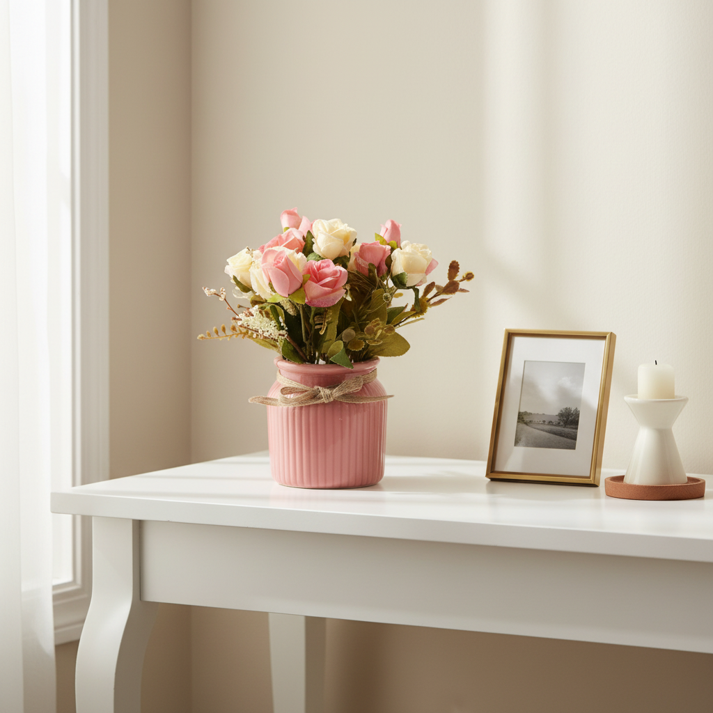 Pink vase with flowers on a white table against a beige wall
