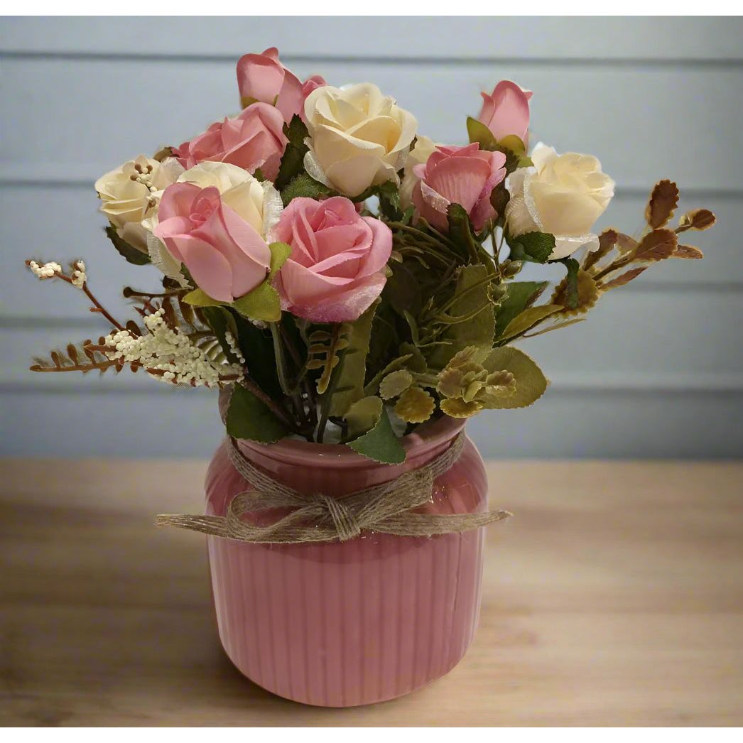 Sweet Duet: Artificial Pink & Cream Rose Arrangement in Ceramic Ribbed Pink Pot