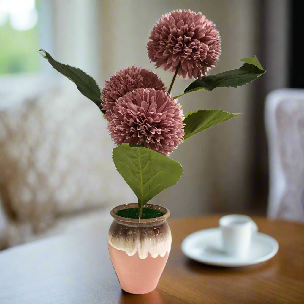 Artisan Bloom: Mauve Chrysanthemums in Dipped Glaze Ceramic Pot