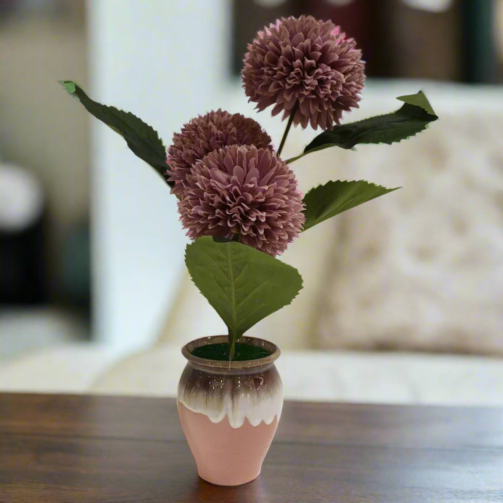 Artisan Bloom: Mauve Chrysanthemums in Dipped Glaze Ceramic Pot