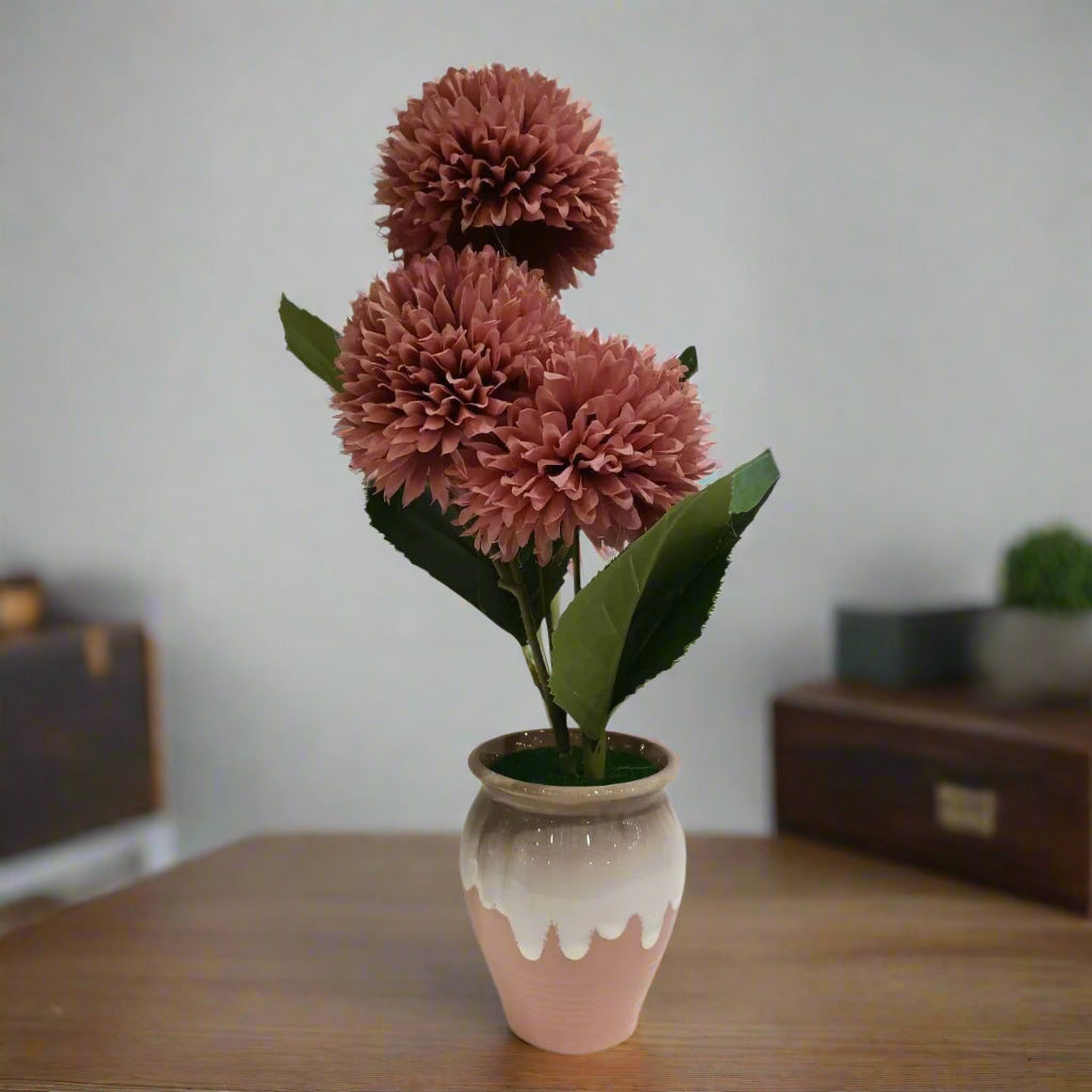 Artisan Bloom: Dusty Rose Chrysanthemums in Dipped Glaze Creamic Pot