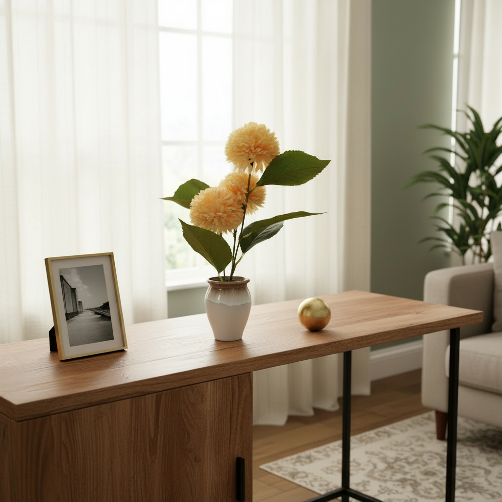 Wooden desk with a vase of flowers and a framed picture in a room with a window and plant.