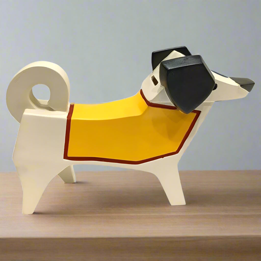 Geometric Canine: Modern Color-Block Dog Sculpture cum coin bank