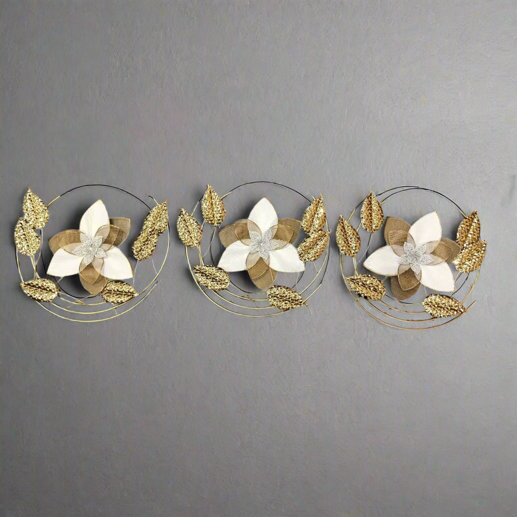 Trio of Golden Elegance Floral Wall Art - Textured Metal Bloom Decor