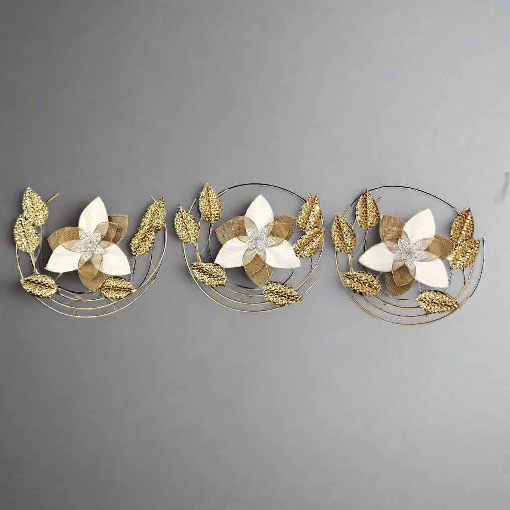 Trio of Golden Elegance Floral Wall Art - Textured Metal Bloom Decor
