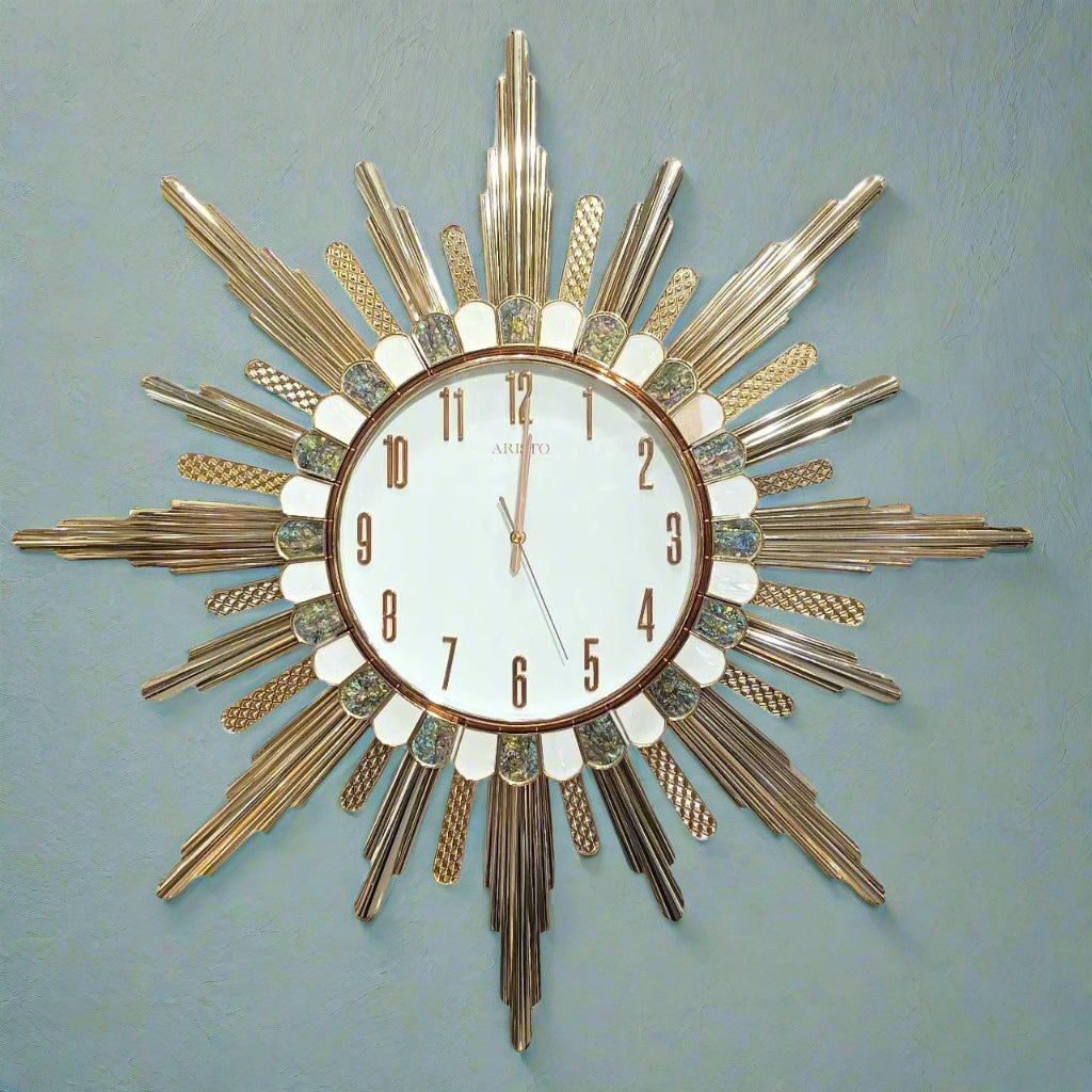 Dazzling Sunburst Golden Wall Clock - Modern Art Deco Timepiece