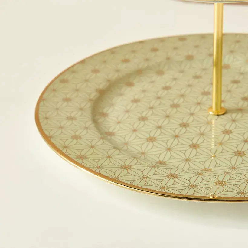 Art Deco Gold Geometric 2-Tier Cupcake Stand – Elegant Porcelain Dessert Server with Modern Appeal