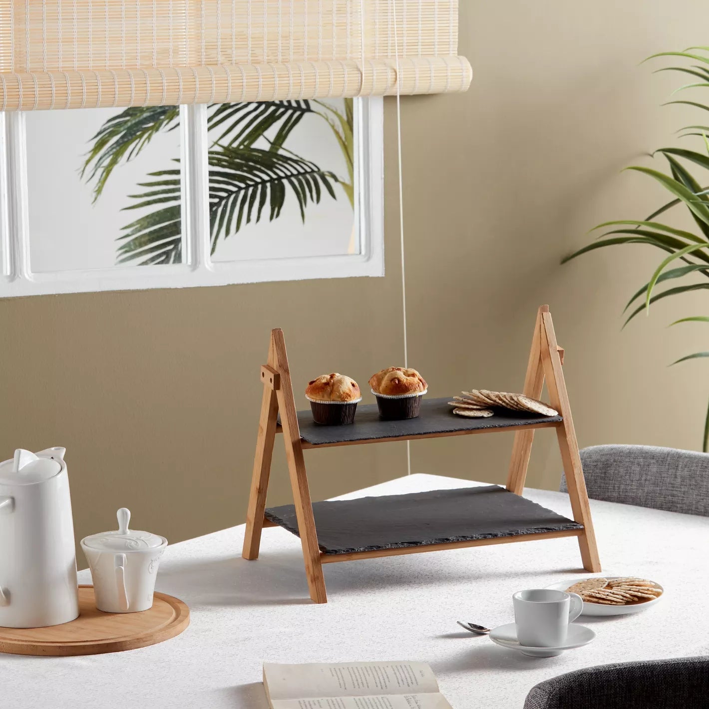 Modern Rustic 2-Tier Slate & Wood Serving Stand – Versatile Display for Appetizers, Desserts & Decor