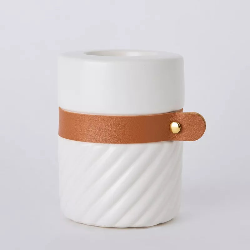 "Terra Glow" Ceramic & Leather Candle Holder