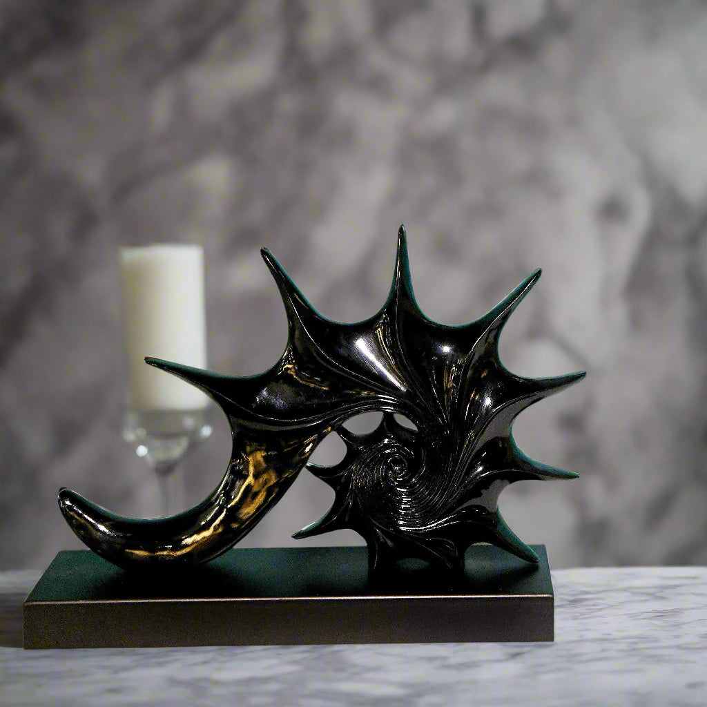 Cosmic Current: Abstract Spiral Sculpture in Marbled Black & Gold