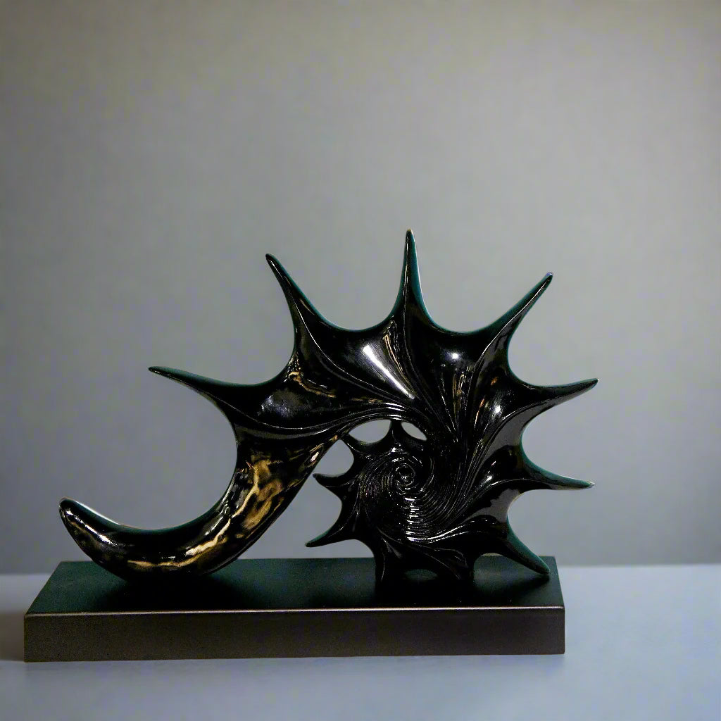 Cosmic Current: Abstract Spiral Sculpture in Marbled Black & Gold
