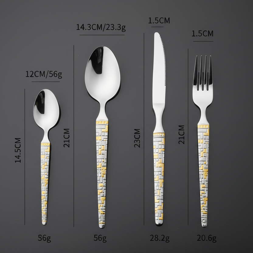 Set of silver cutlery with gold accents and measurements on a dark background