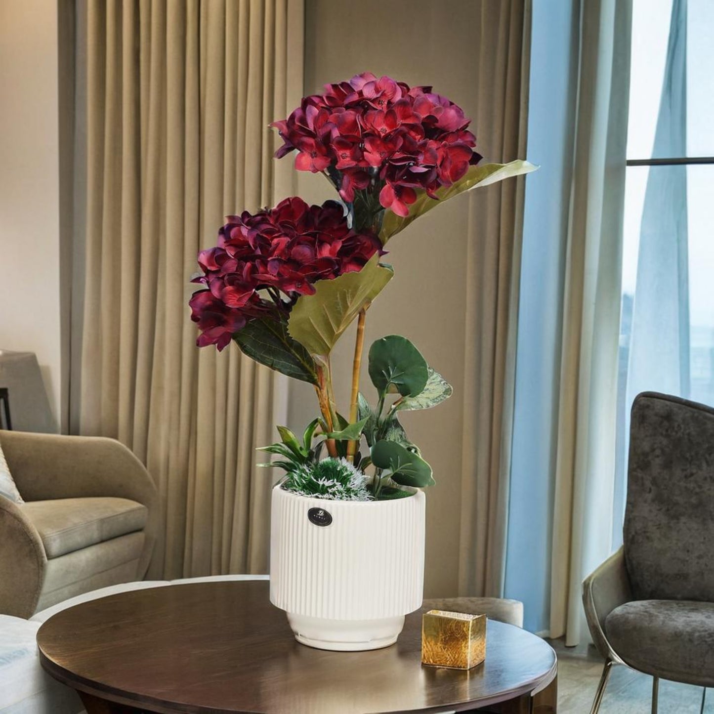 Rich Elegance: Artificial Burgundy Hydrangea Arrangement in Ceramic Ribbed Cream Pot