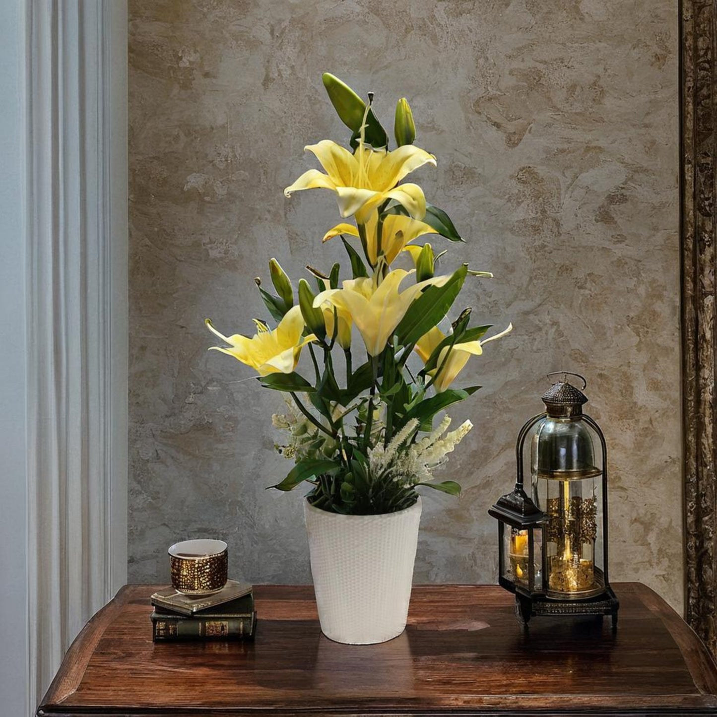 Sunny Splendor: Artificial Yellow Lily Arrangement in Ceramic Textured Pot