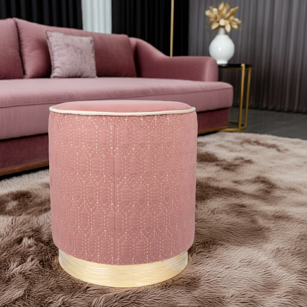 Rose Pink Velvet Ottoman with Geometric Stitching