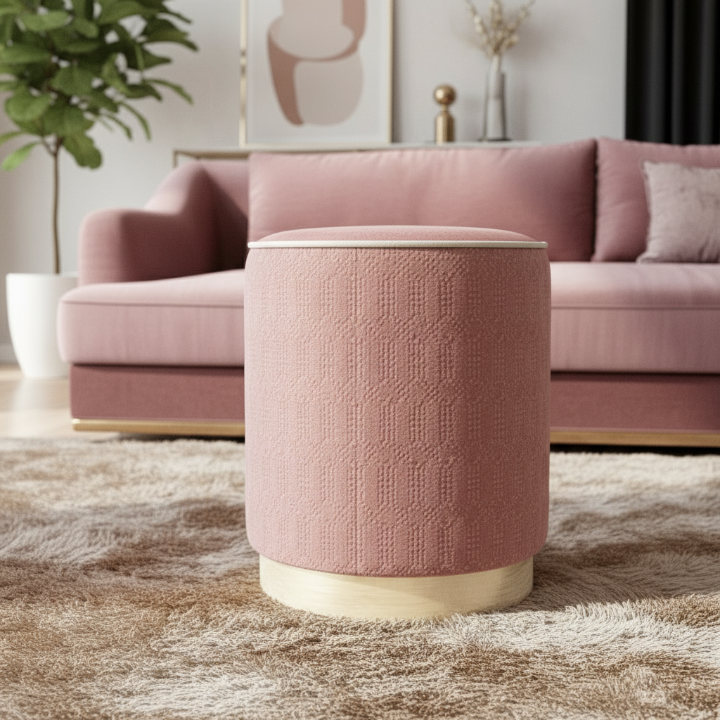 Rose Pink Velvet Ottoman with Geometric Stitching in a modern living room setting.