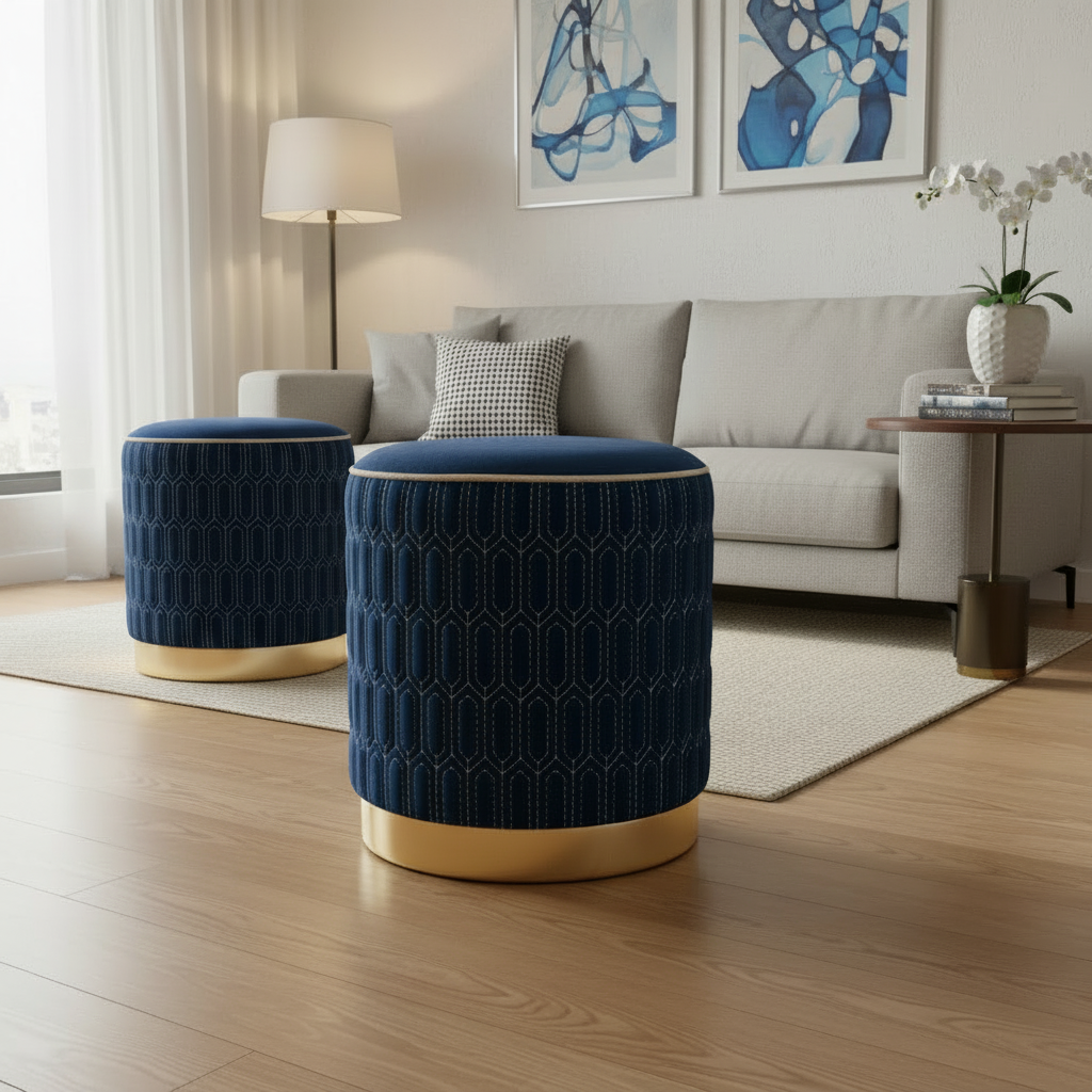 Geometric Stitched Velvet Ottoman in Navy