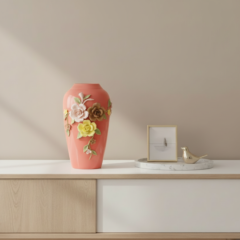 Rose Garden Charm: Hand-Applied Floral Ceramic Vase in Salmon Pink