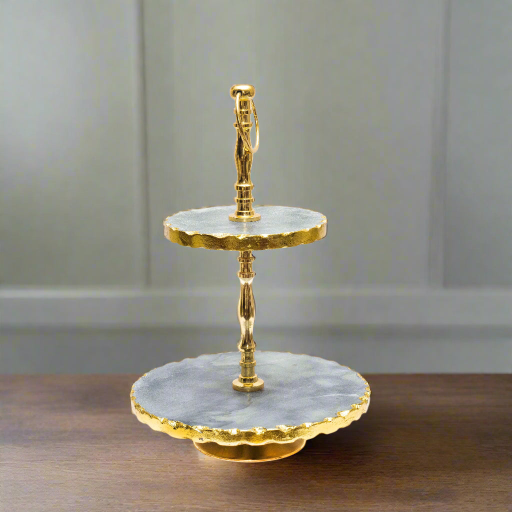 Artisan Gold-Edge Gray Marble 2-Tier Cupcake Stand – Unique Dessert Server for Modern & Rustic Decor