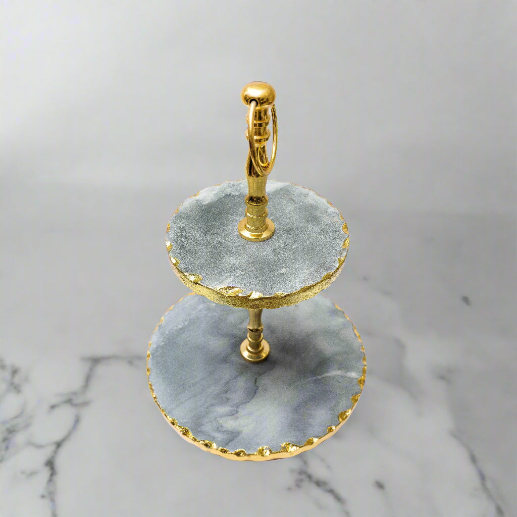 Artisan Gold-Edge Gray Marble 2-Tier Cupcake Stand – Unique Dessert Server for Modern & Rustic Decor